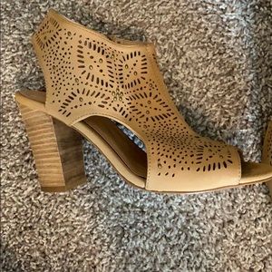 Tan open toe/open heel booties with fine detailing